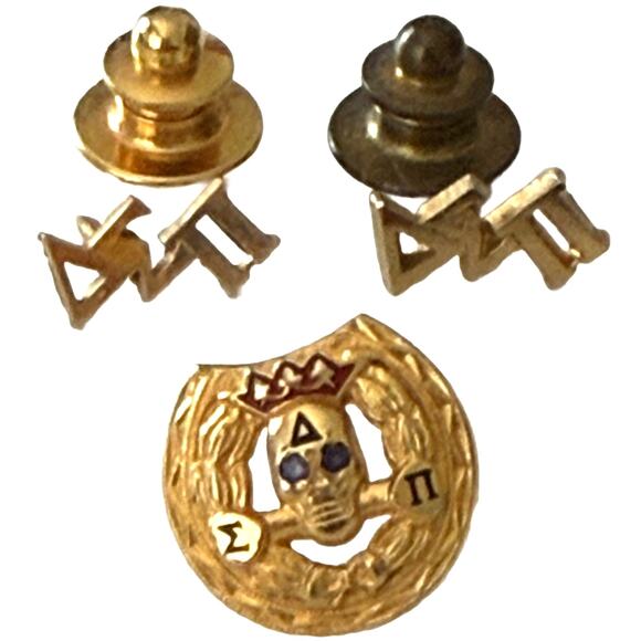 Vintage Delta Sigma Pi Gold Tone Skull Badge Pin w/ Rhinestone Eyes - Lot of 3 - Picture 1 of 10